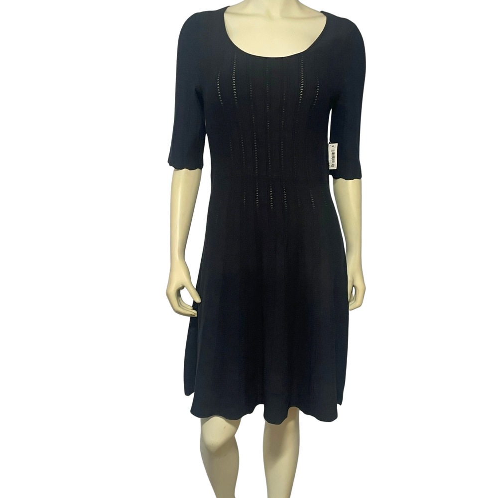 Lark & Ro Sz M Fit & Flare Sweater Dress Eyelet Knit Black Scalloped Hem New